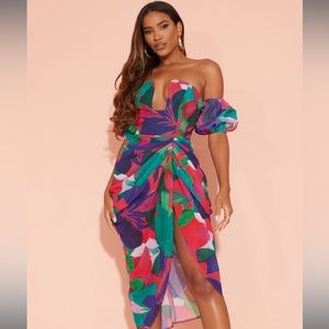 **NWT** PRETTYLITTLETHING: Print Wire Puff Sleeve Draped Midi Dress Sz:4